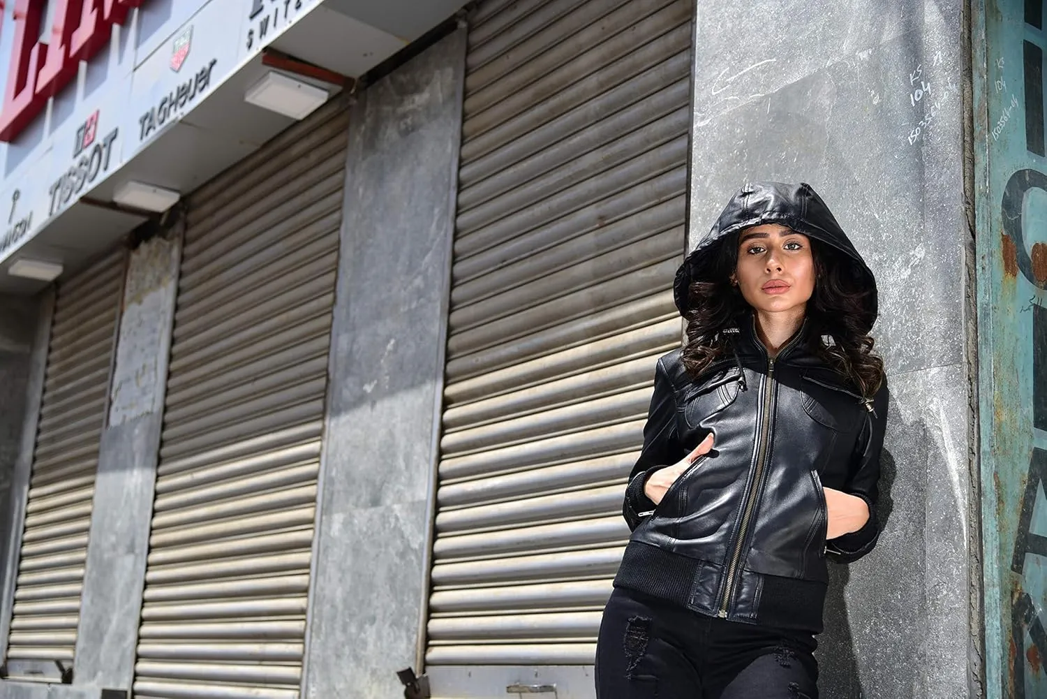 Artistry Womens Genuine Lambskin Leather Motorcycle Jacket with Removable Leather Hood Black - Hooded leather bomber jacket