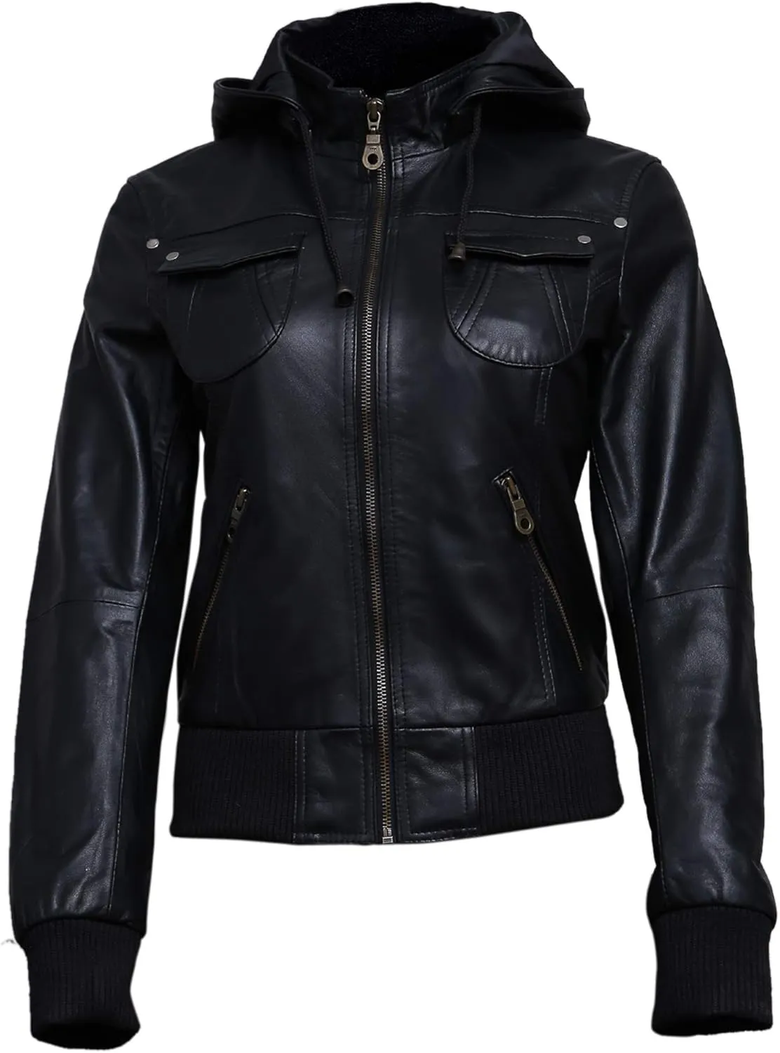 Artistry Womens Genuine Lambskin Leather Motorcycle Jacket with Removable Leather Hood Black - Hooded leather bomber jacket