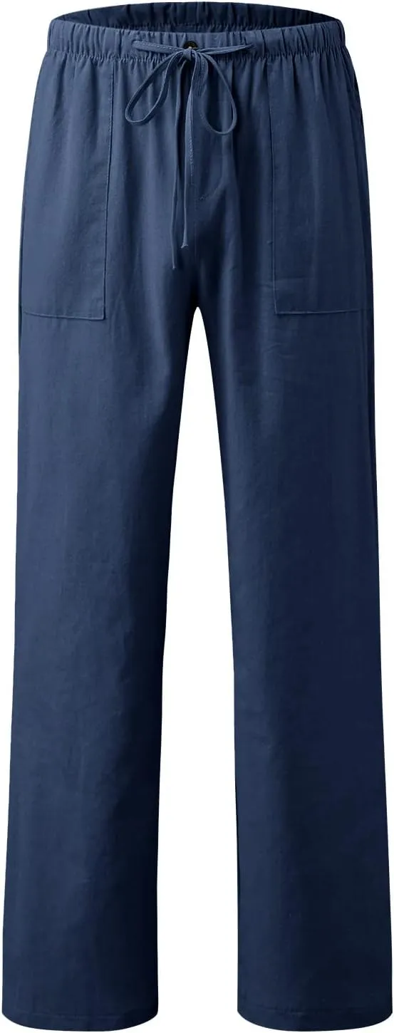Athletic Pants for Men Linen Yoga Beach Loose Pant Casual Summer Elastic Waist Drawstring Trousers with Pockets