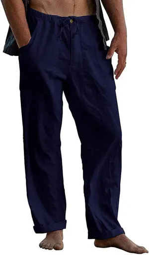 Athletic Pants for Men Linen Yoga Beach Loose Pant Casual Summer Elastic Waist Drawstring Trousers with Pockets