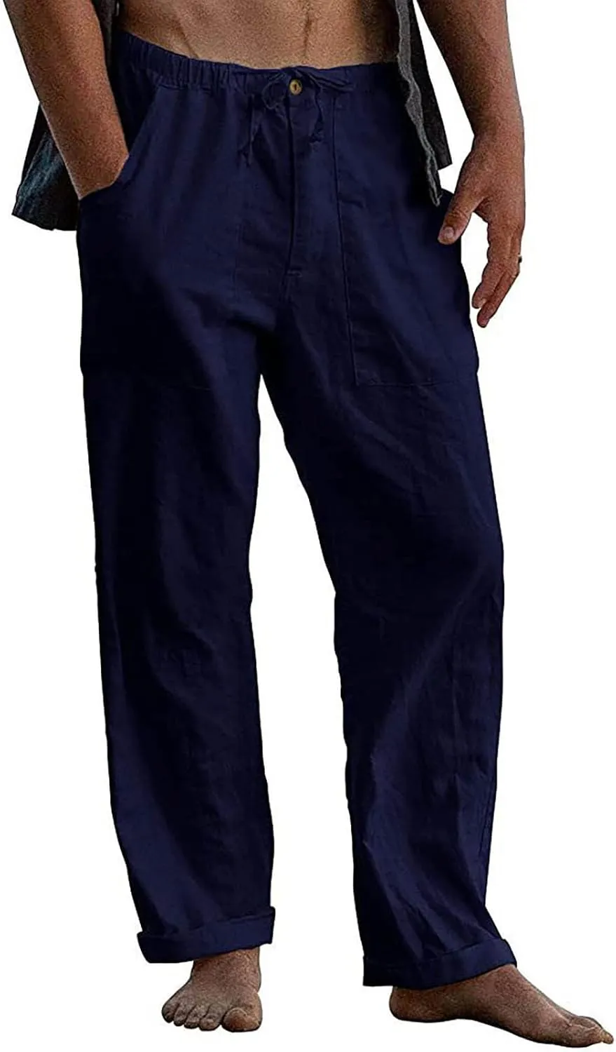 Athletic Pants for Men Linen Yoga Beach Loose Pant Casual Summer Elastic Waist Drawstring Trousers with Pockets