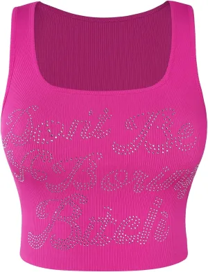 Avanova Women Ribbed Knit Graphic Crop Top Sleeveless Sexy Summer Tank Shirt