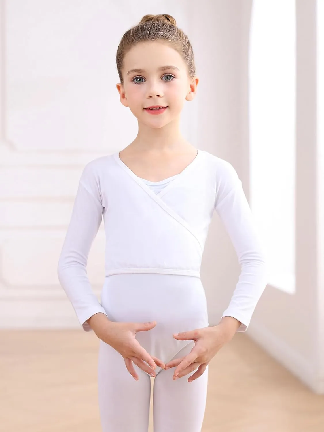 Ballet Wrap Top Dance Cotton Long Sleeve Self Tie Cardigan for Girls