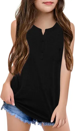 Batermoon Girls Tank Top Summer Cute Sleeveless T Shirt for Teen Henley Ribbed Button Casual Tee Blouse