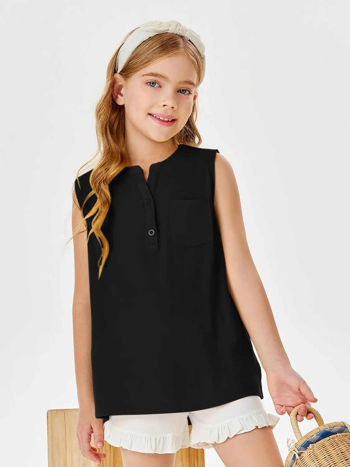 Batermoon Girls Tank Top Summer Cute Sleeveless T Shirt for Teen Henley Ribbed Button Casual Tee Blouse