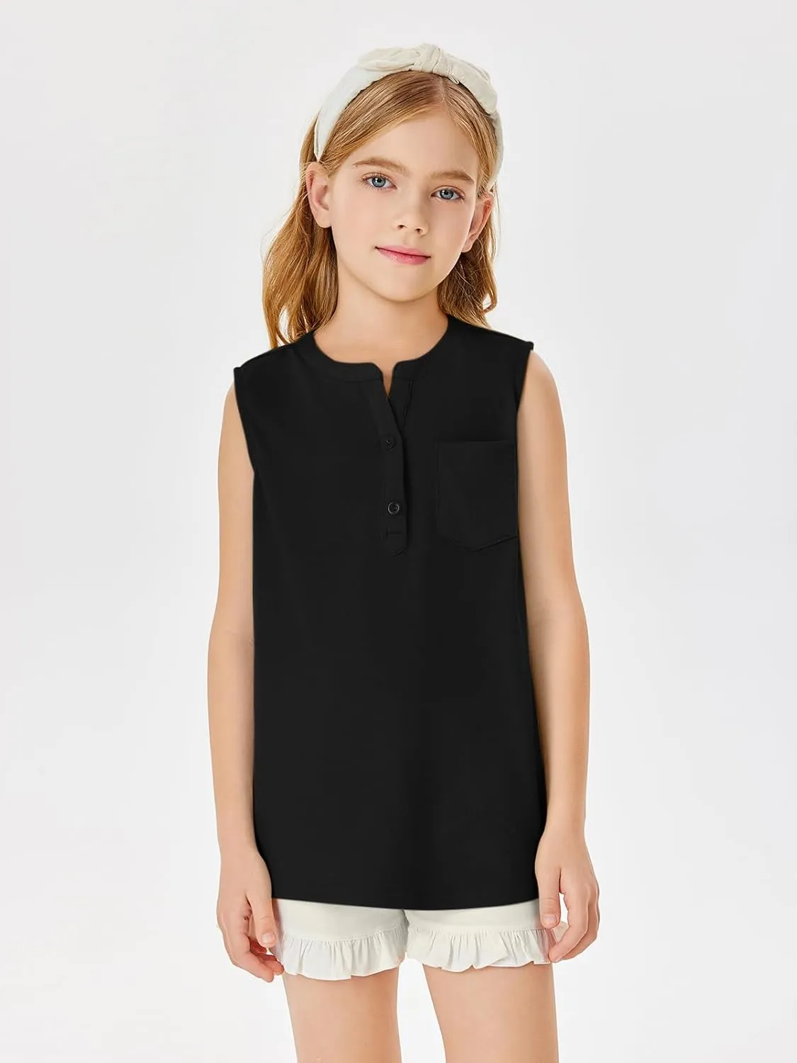 Batermoon Girls Tank Top Summer Cute Sleeveless T Shirt for Teen Henley Ribbed Button Casual Tee Blouse