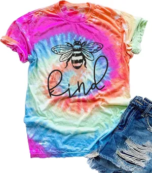 Be Kind Tie Dye T-Shirt for Women Inspirational Graphic Tee Letter Print Casual Short Sleeve Tops