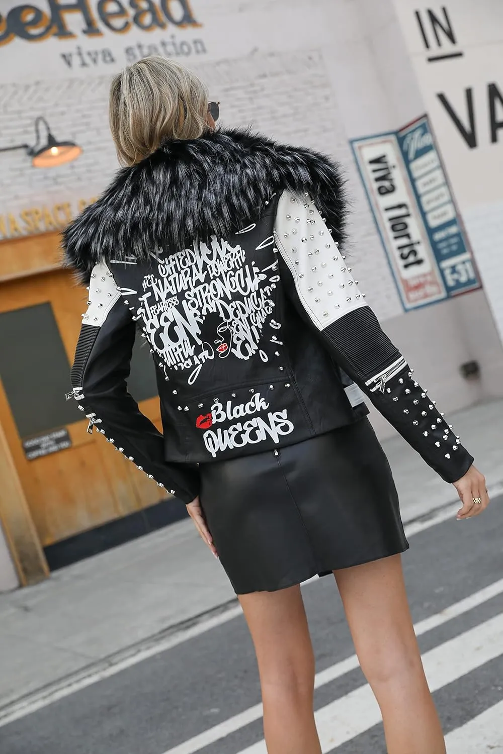 Bellivera Faux Leather Jacket for Women Studded Rivet Floral Moto Biker Short Lapel Coat