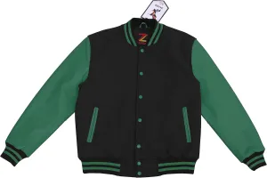 Bomber Jacket Men Motorcycle Biker Racer Baseball Letterman Varsity Jacket Wool Cowhide Leather Dark Green Sleeve