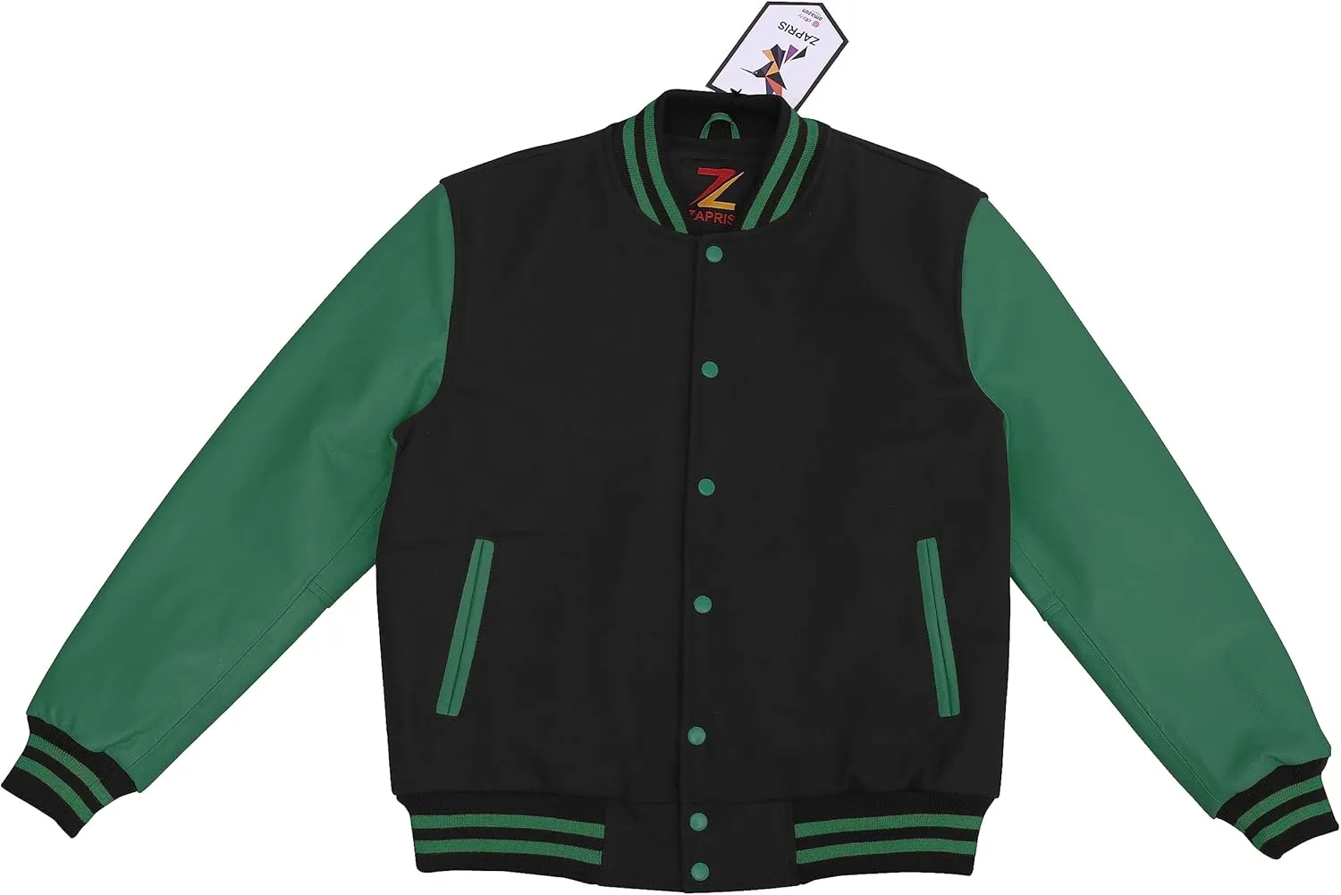 Bomber Jacket Men Motorcycle Biker Racer Baseball Letterman Varsity Jacket Wool Cowhide Leather Dark Green Sleeve