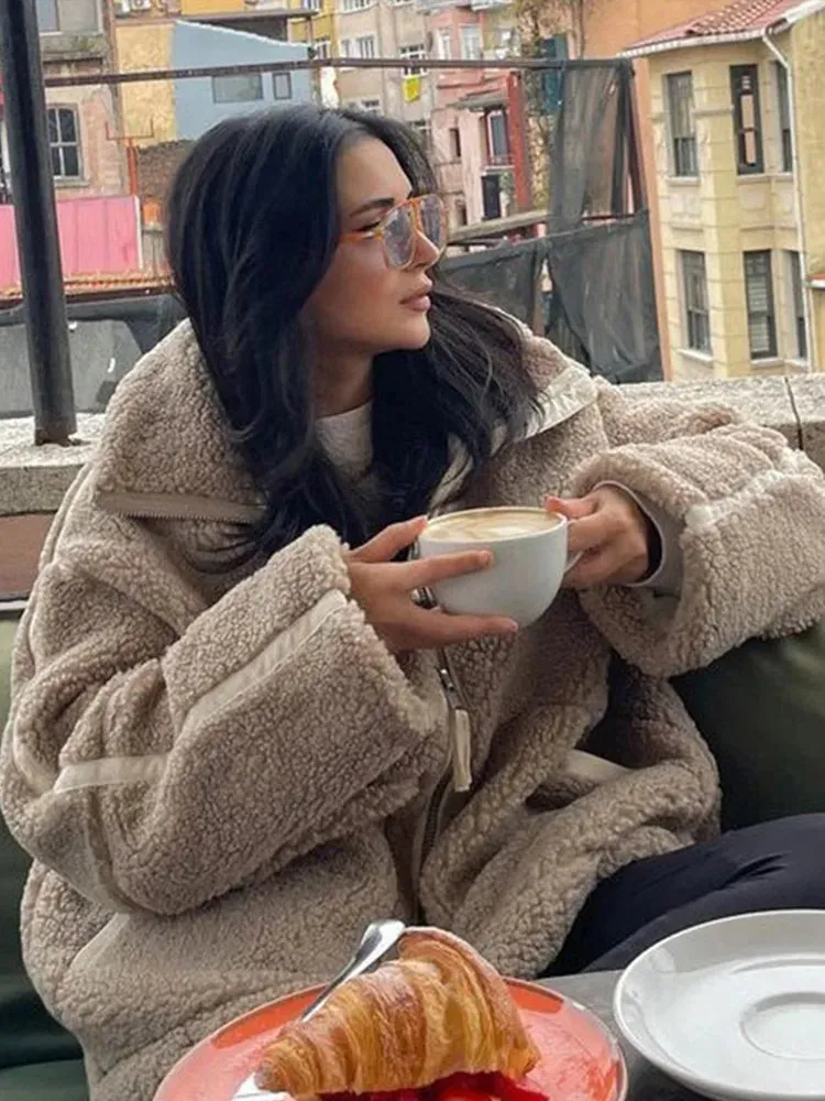 Bonnyshow Casual Loose Plush Women's Coat Fashion Turndown Collar Zipper Long Sleeve Coats New Winter Warm Windproof Women Outerwears