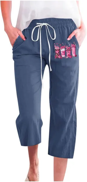 Breast Cancer Capri Pants for Women Drawstring Elastic High Waist Linen Pants Pink Ribbon Straight Cropped Trouser