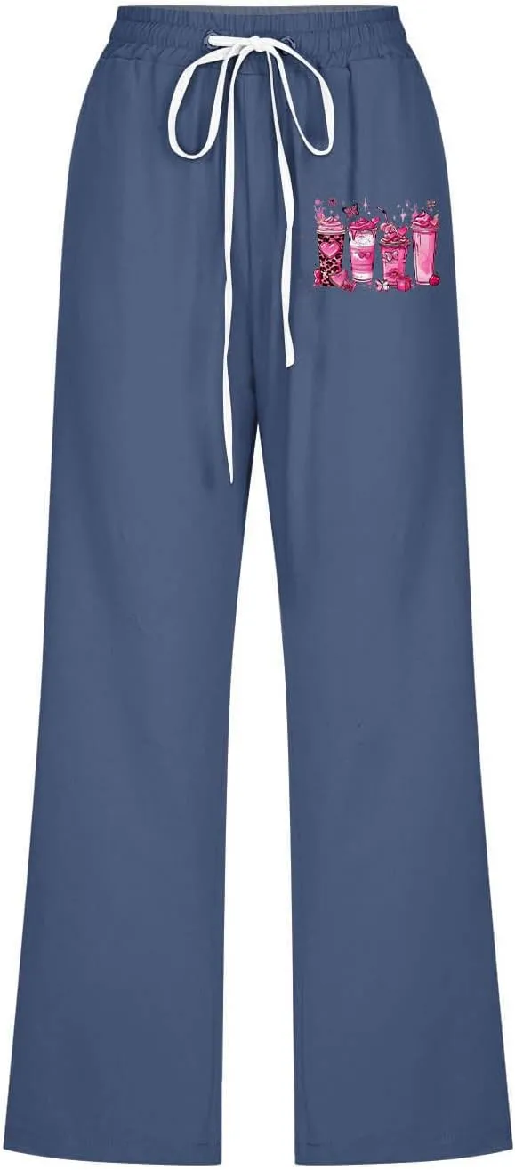 Breast Cancer Capri Pants for Women Drawstring Elastic High Waist Linen Pants Pink Ribbon Straight Cropped Trouser