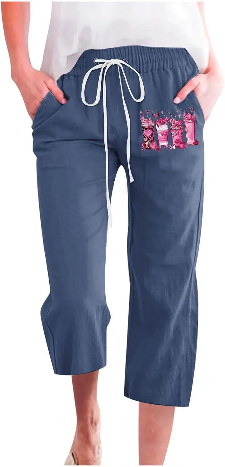 Breast Cancer Capri Pants for Women Drawstring Elastic High Waist Linen Pants Pink Ribbon Straight Cropped Trouser