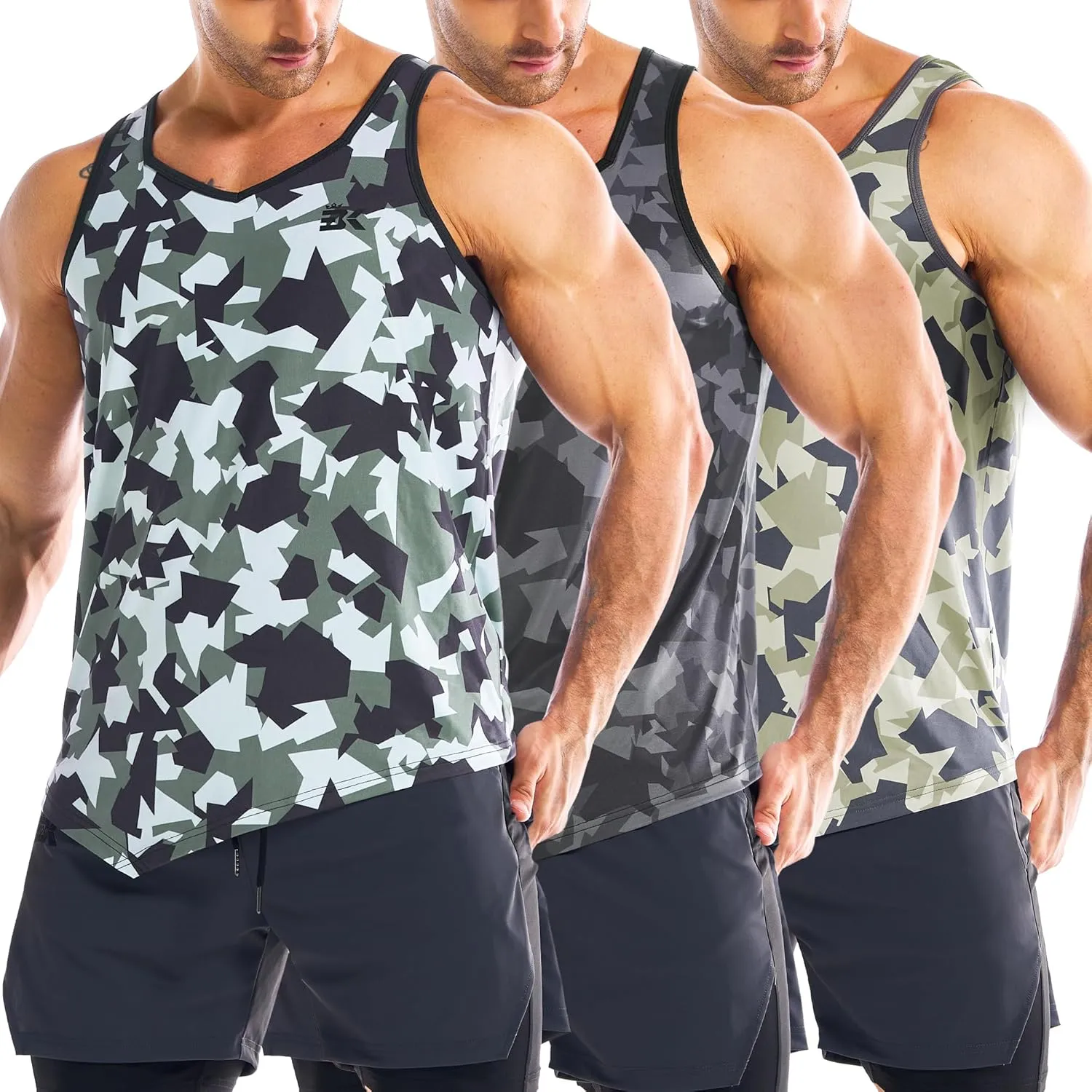 BROKIG Men's Irregular Gym Tank Tops 3 Pack Lightweight Quick Dry Running Sleeveless Shirts Bodybuilding Tee