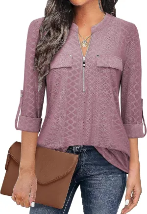 Bulotus Women's Zip Front V-Neck 3/4 Sleeve Tunic Casual Top