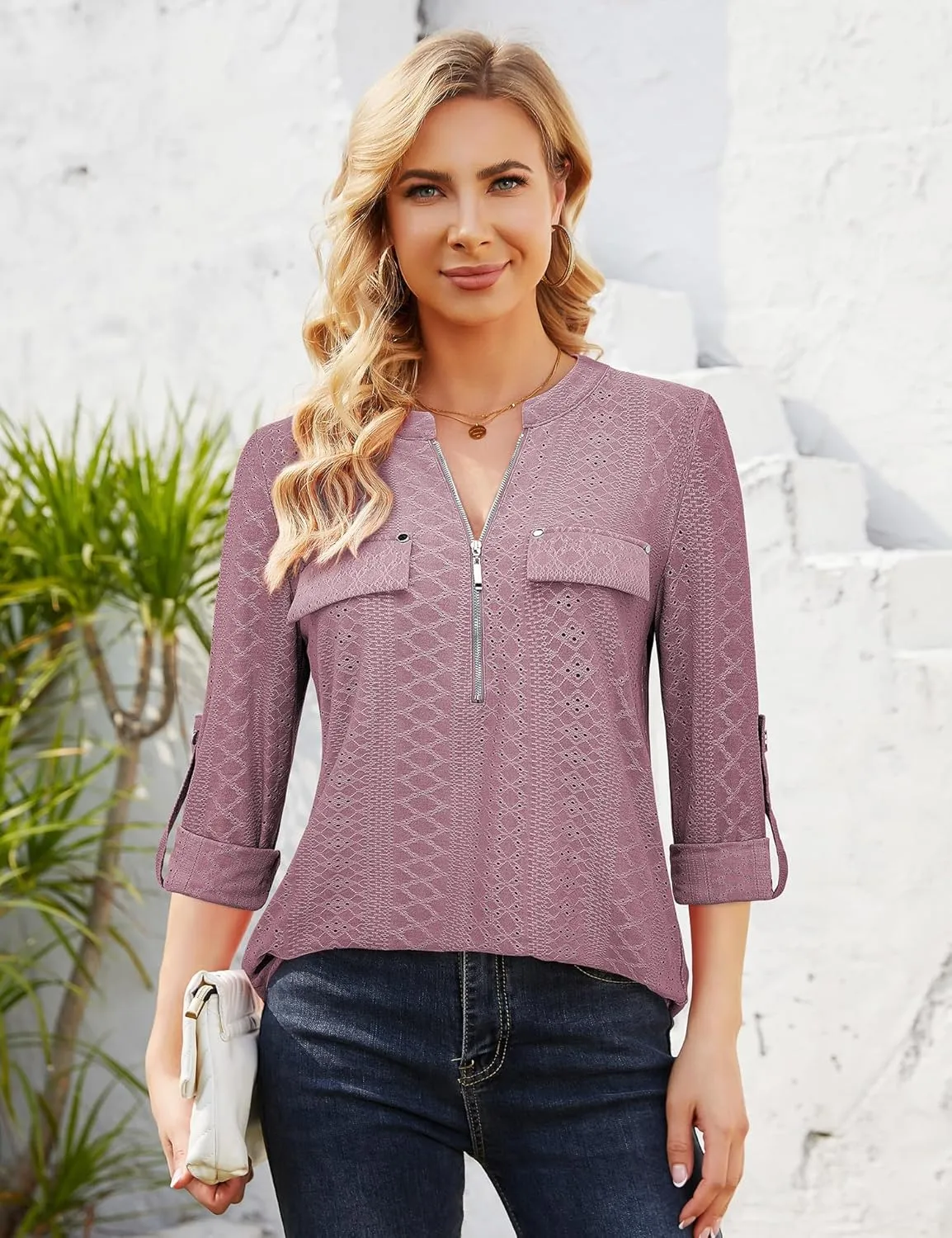 Bulotus Women's Zip Front V-Neck 3/4 Sleeve Tunic Casual Top