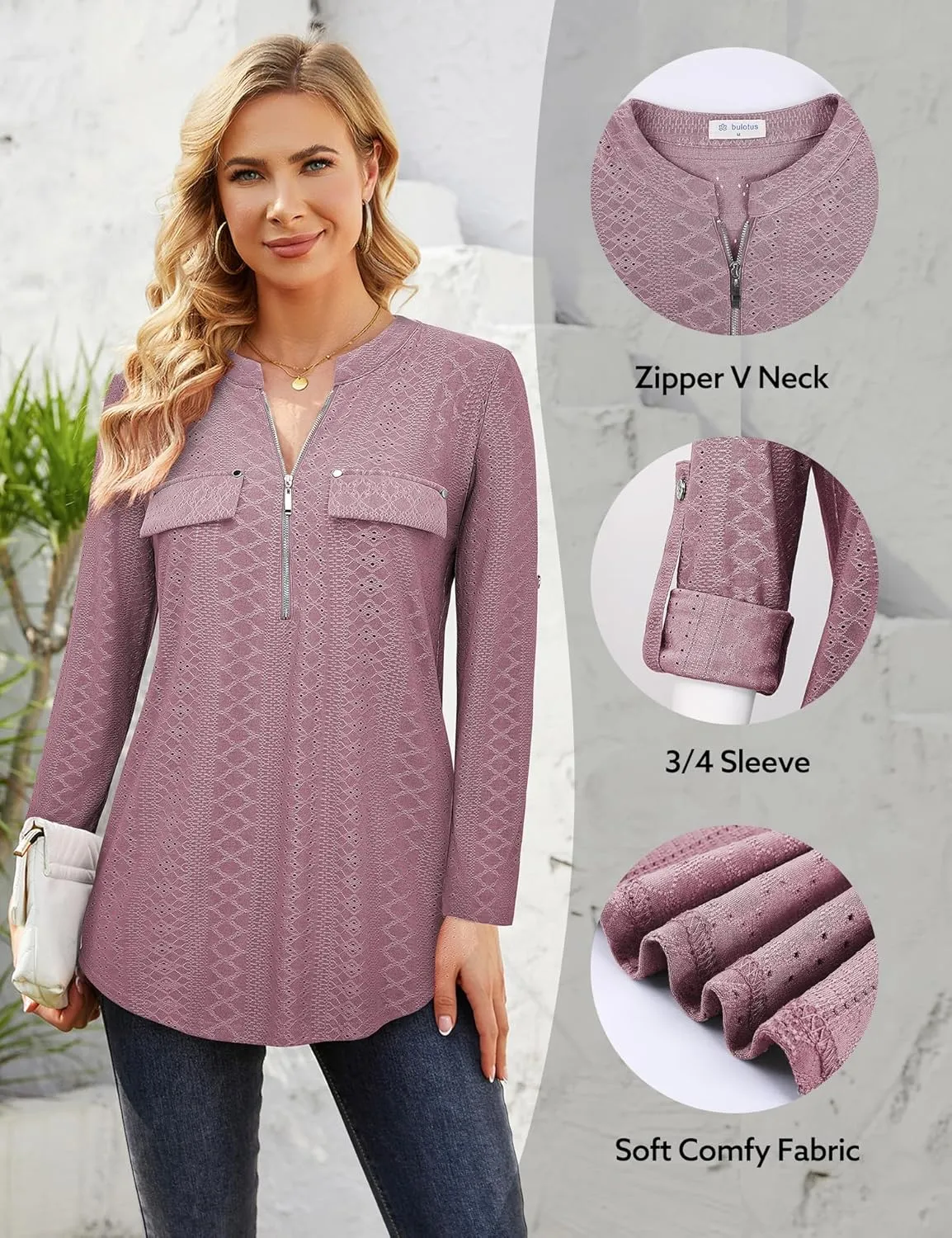 Bulotus Women's Zip Front V-Neck 3/4 Sleeve Tunic Casual Top