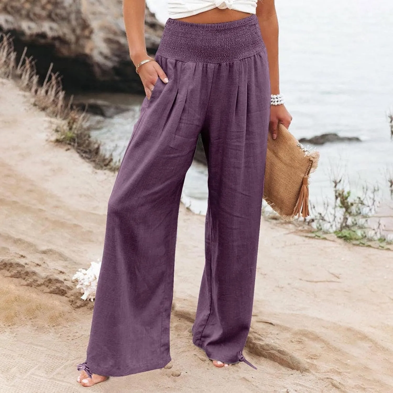 Business Casual Pants for Women Loose Wide Leg Palazzo Slacks 2025 Summer Long Linen Pants Baggy Trousers