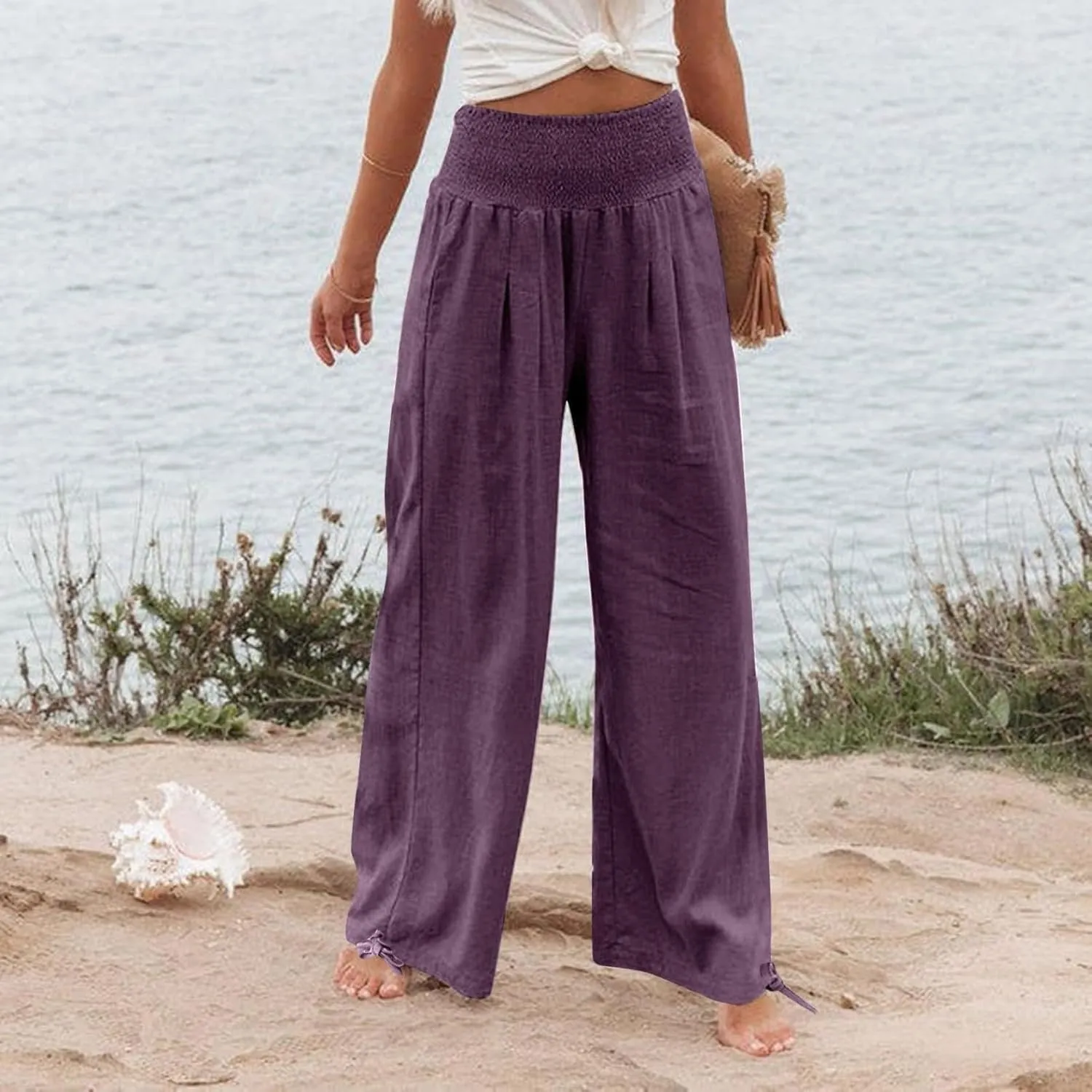 Business Casual Pants for Women Loose Wide Leg Palazzo Slacks 2025 Summer Long Linen Pants Baggy Trousers