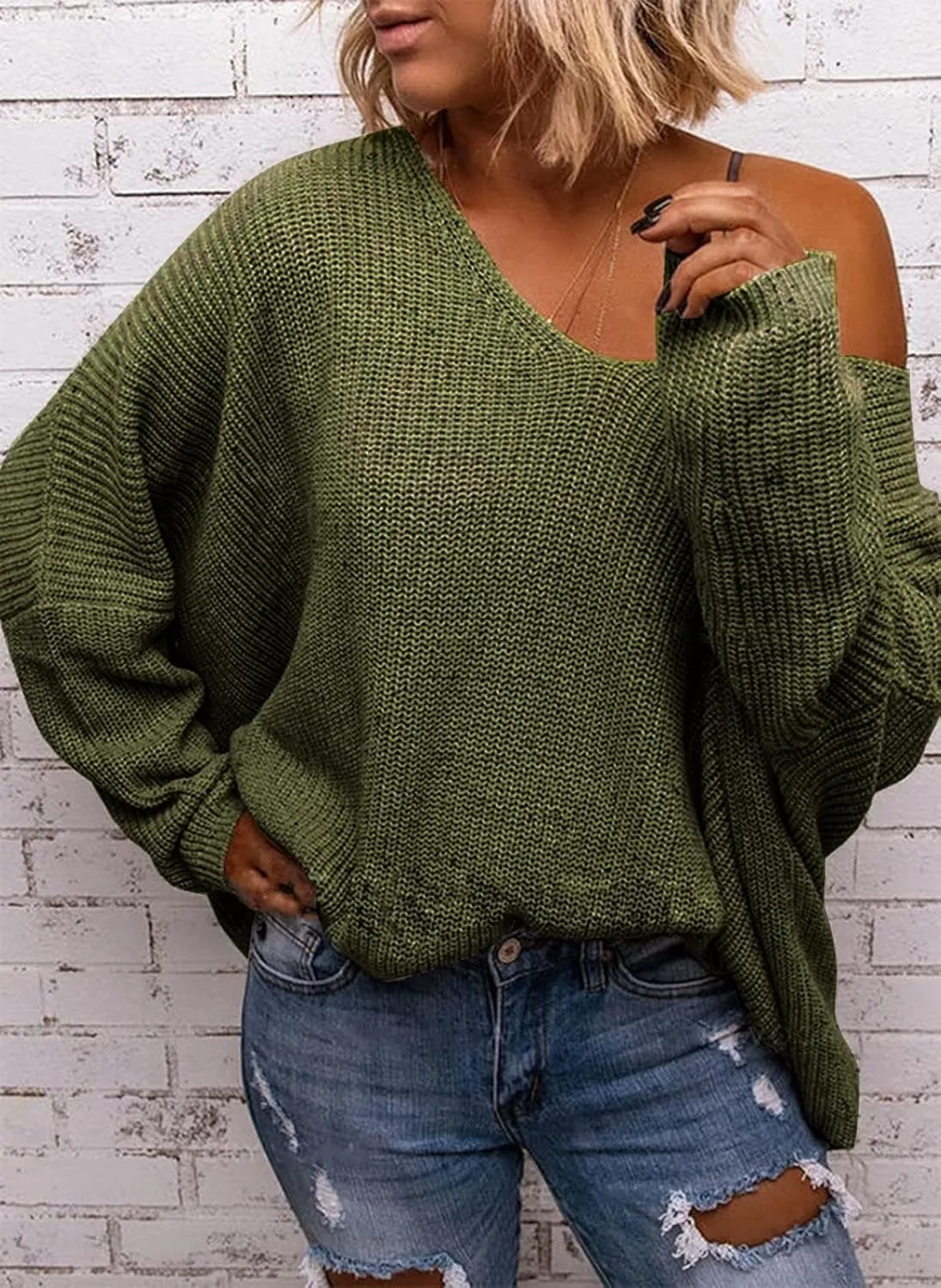 BZB Women's V Neck Long Sleeve Knit Loose Oversized Pullover Sweater Top