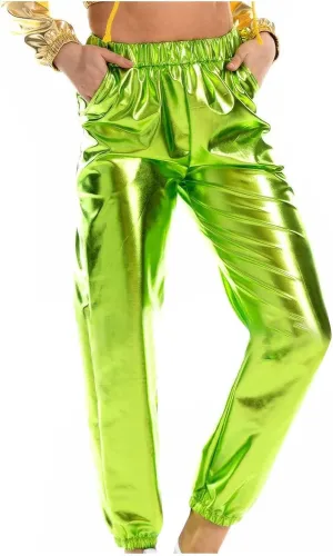 BZGTZT Women's Shiny Metallic High Waist Stretchy Jogger Pants, Wet Look Hip Hop Club Wear Holographic Trousers Sweatpant