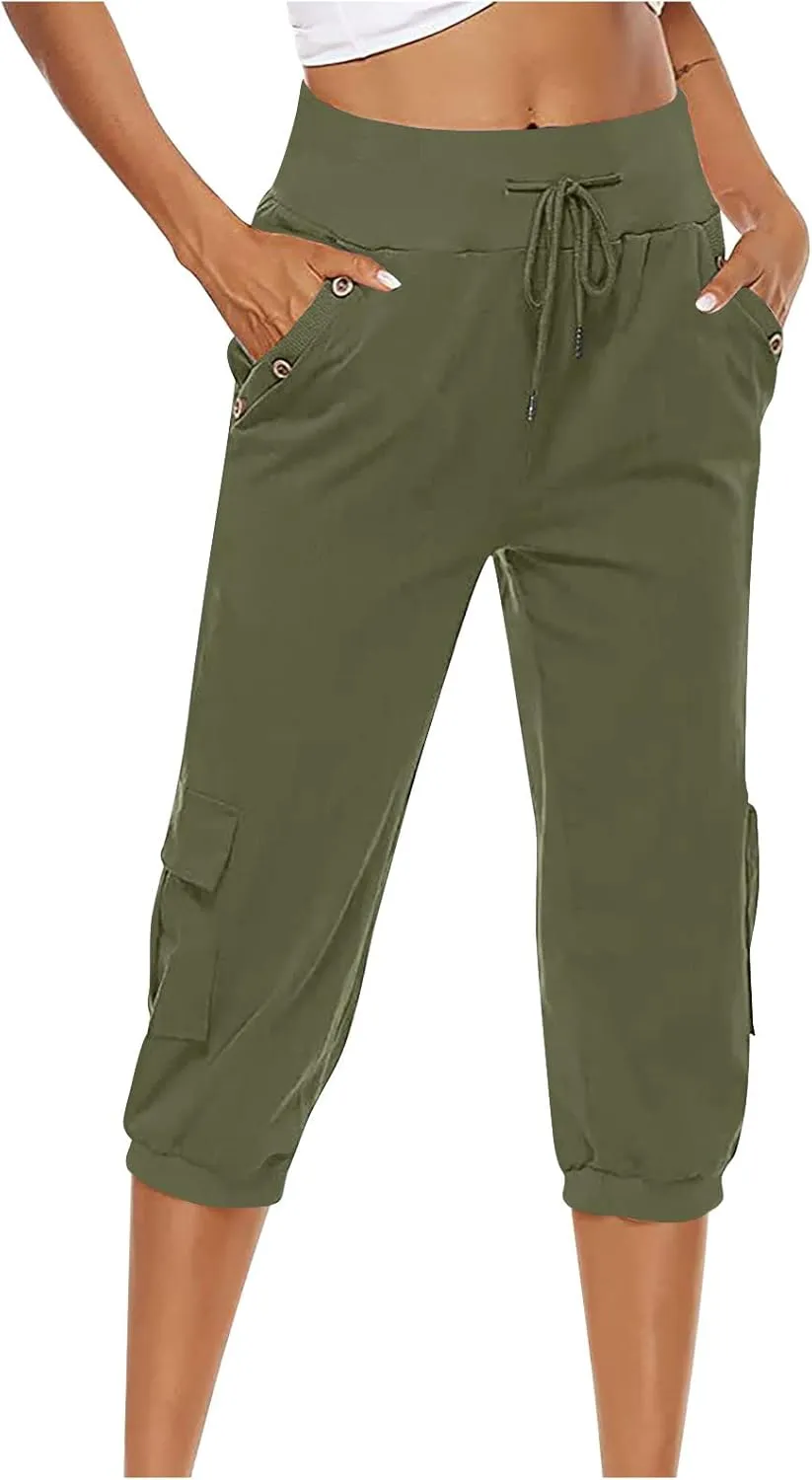 Capri Linen Pants for Women High Waisted Capris Plus Size Cropped Trousers Drawstring Summer Pants with Pockets