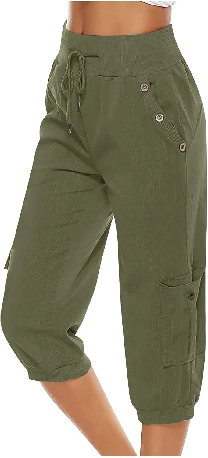 Capri Linen Pants for Women High Waisted Capris Plus Size Cropped Trousers Drawstring Summer Pants with Pockets