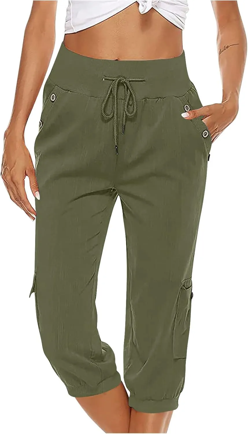 Capri Linen Pants for Women High Waisted Capris Plus Size Cropped Trousers Drawstring Summer Pants with Pockets