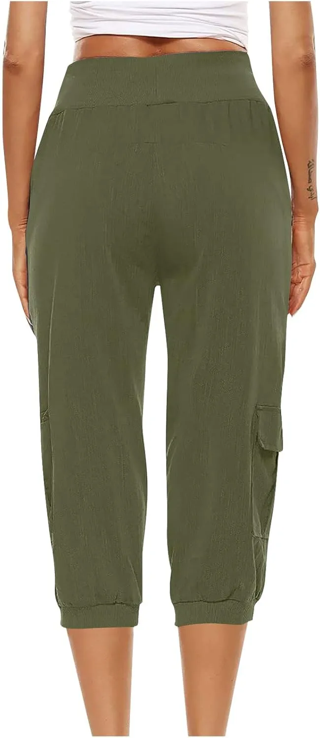 Capri Linen Pants for Women High Waisted Capris Plus Size Cropped Trousers Drawstring Summer Pants with Pockets