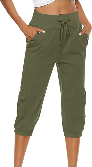 Capri Linen Pants for Women High Waisted Capris Plus Size Cropped Trousers Drawstring Summer Pants with Pockets