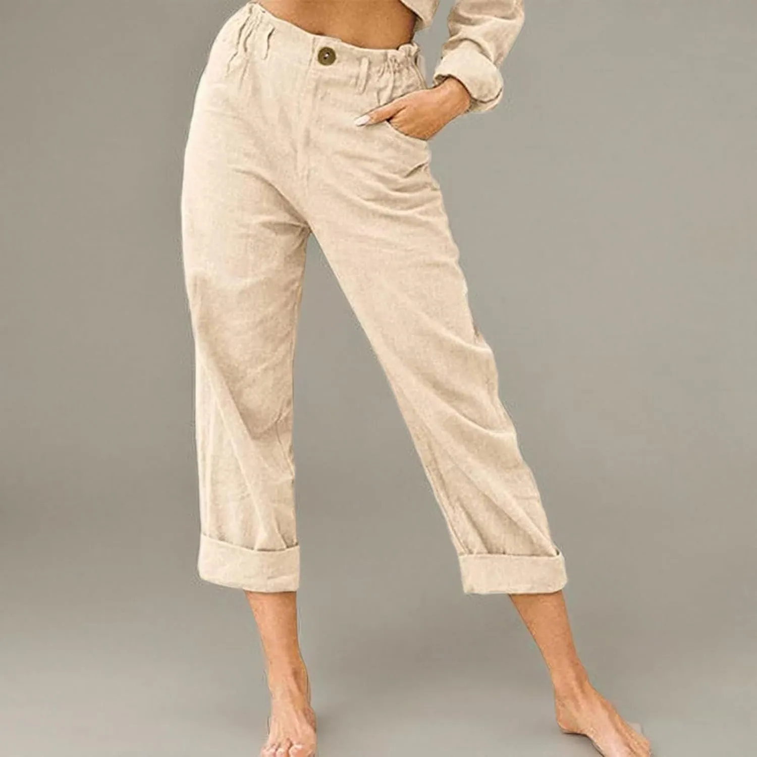 Capri Pants for Women Casual 2024 Summer Drawstring Elastic Waist Cotton Linen Pant Straight Leg Cropped Trousers