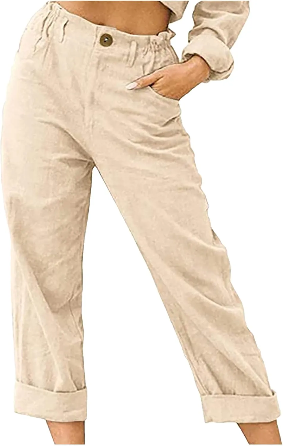 Capri Pants for Women Casual 2024 Summer Drawstring Elastic Waist Cotton Linen Pant Straight Leg Cropped Trousers
