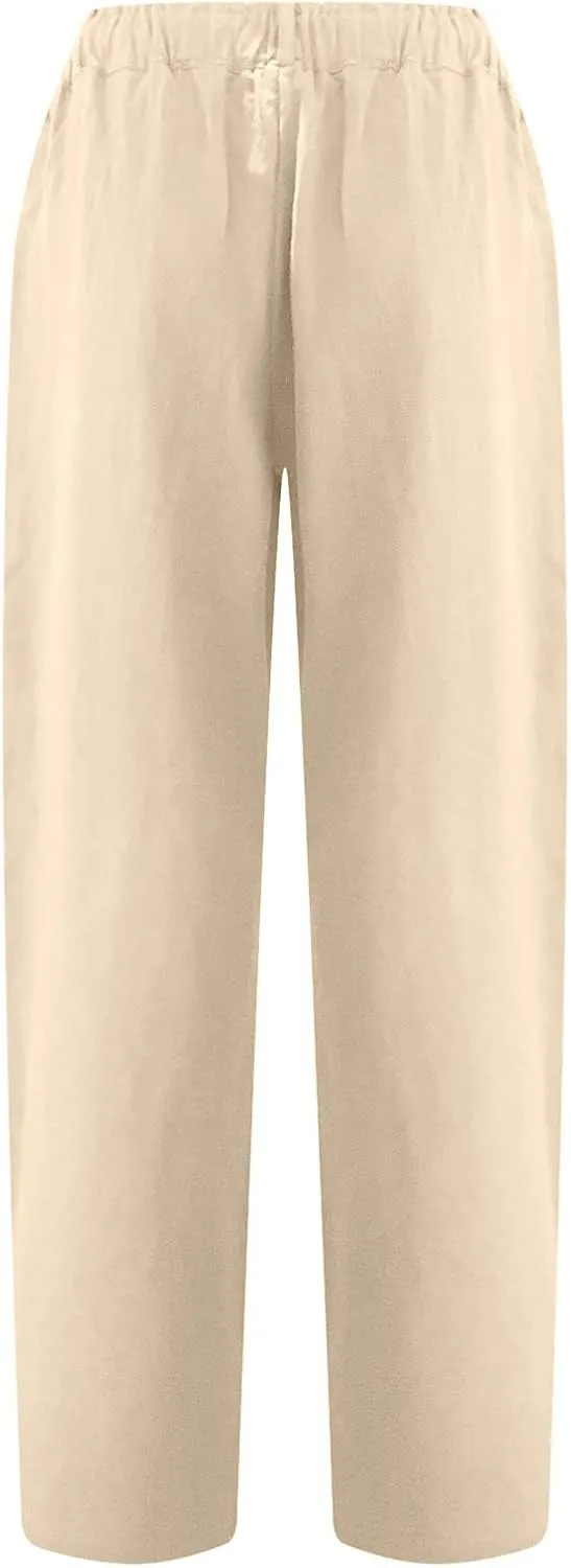 Capri Pants for Women Casual 2024 Summer Drawstring Elastic Waist Cotton Linen Pant Straight Leg Cropped Trousers