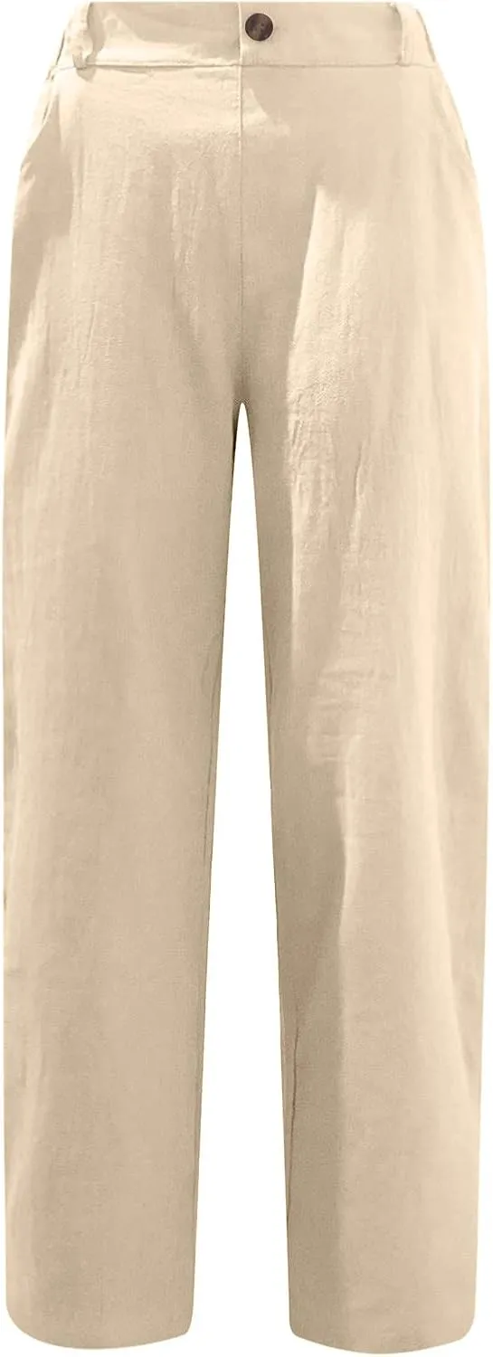 Capri Pants for Women Casual 2024 Summer Drawstring Elastic Waist Cotton Linen Pant Straight Leg Cropped Trousers
