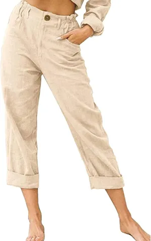 Capri Pants for Women Casual 2024 Summer Drawstring Elastic Waist Cotton Linen Pant Straight Leg Cropped Trousers