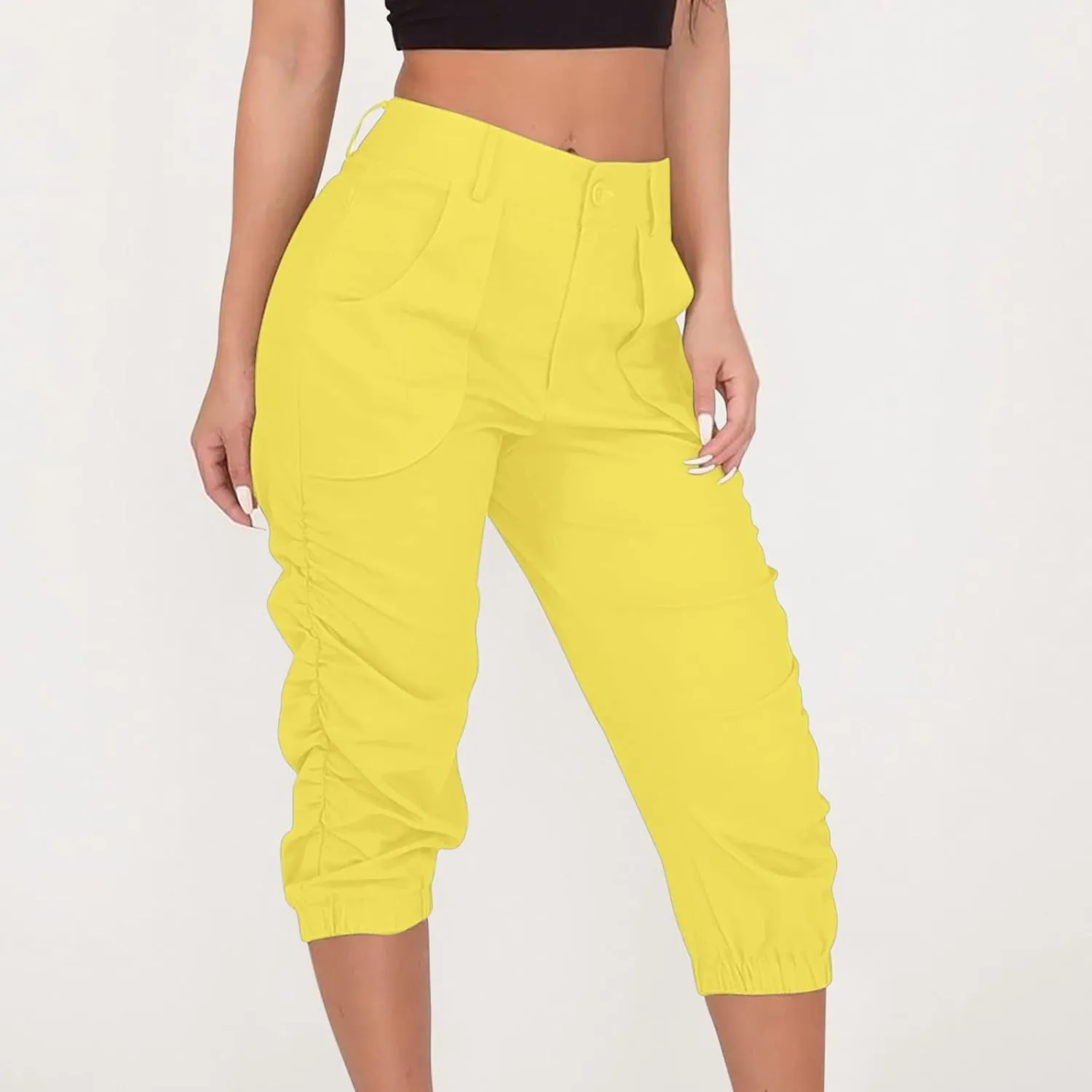 Capri Pants for Women Casual Comfy High Waisted Travel Outdoor Cargo Hiking Harem Pants Ruched Jogger Sweatpants