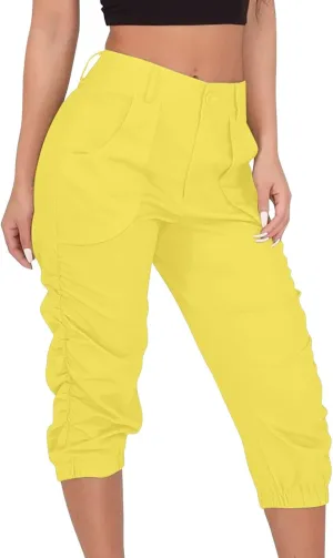 Capri Pants for Women Casual Comfy High Waisted Travel Outdoor Cargo Hiking Harem Pants Ruched Jogger Sweatpants