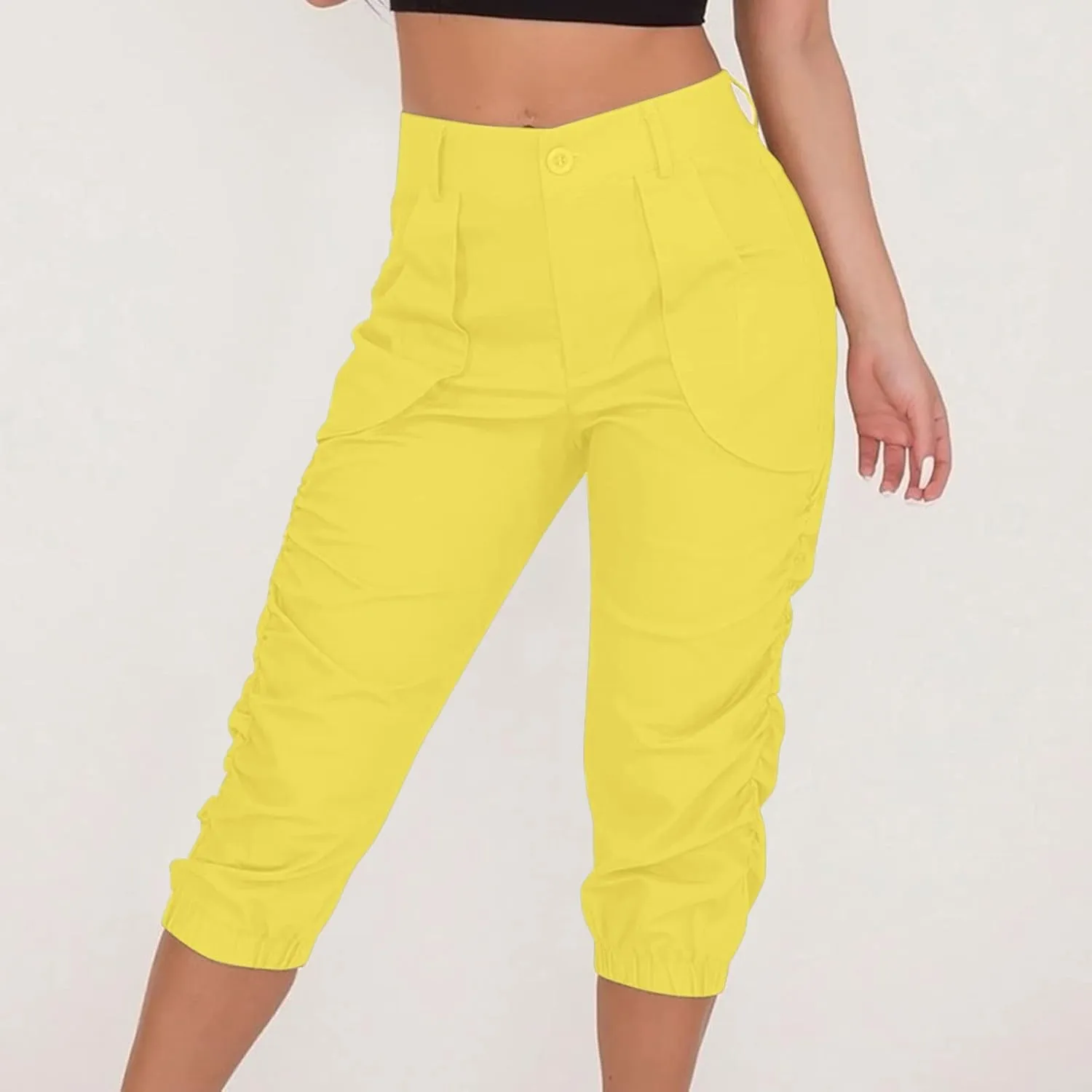 Capri Pants for Women Casual Comfy High Waisted Travel Outdoor Cargo Hiking Harem Pants Ruched Jogger Sweatpants