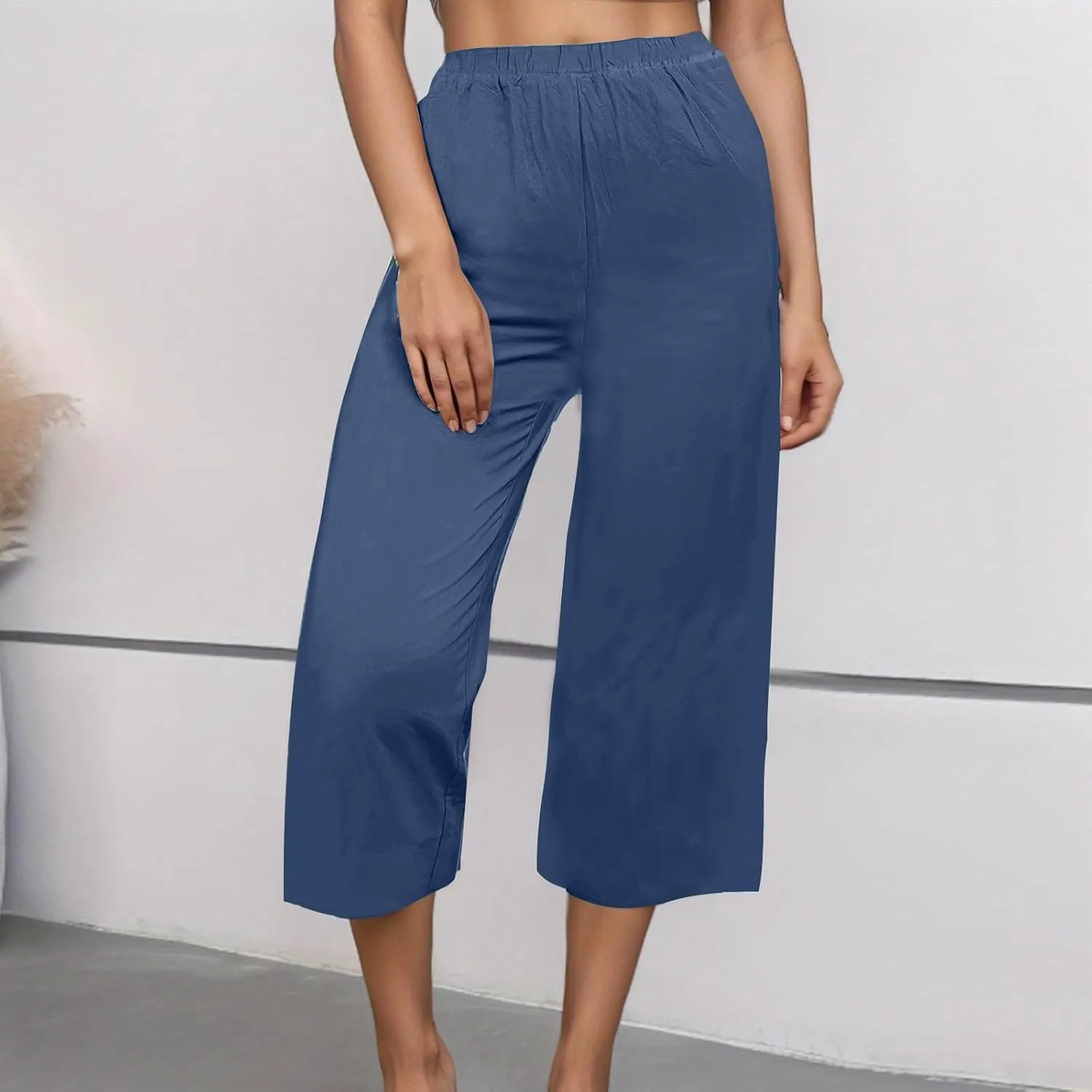 Capri Pants for Women Casual Elastic High Waist Beach Cropped Pants Loose Trousers Summer Outfits for Women