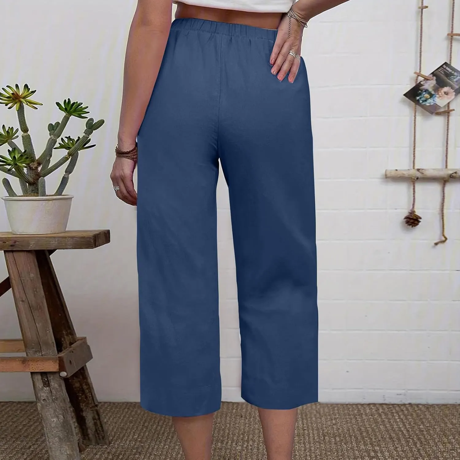 Capri Pants for Women Casual Elastic High Waist Beach Cropped Pants Loose Trousers Summer Outfits for Women