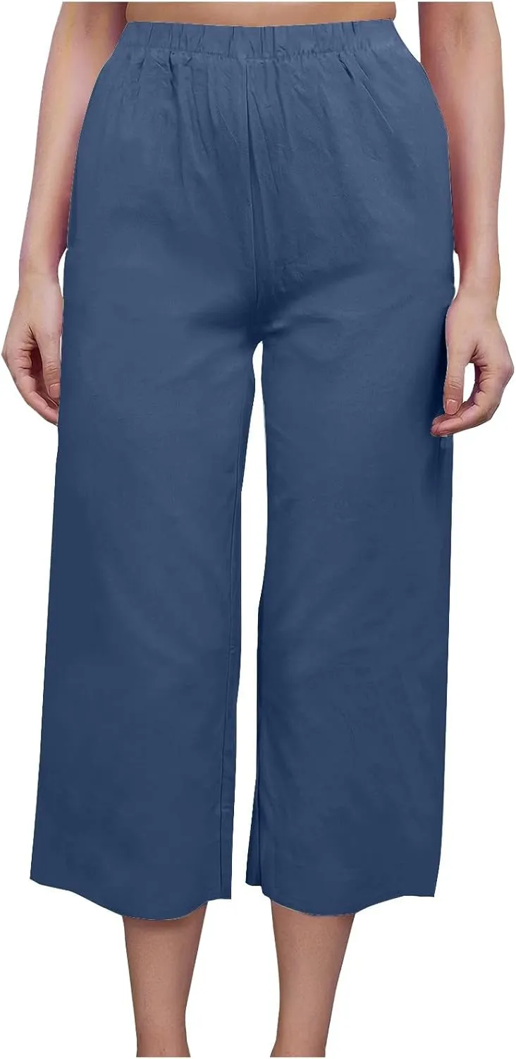 Capri Pants for Women Casual Elastic High Waist Beach Cropped Pants Loose Trousers Summer Outfits for Women