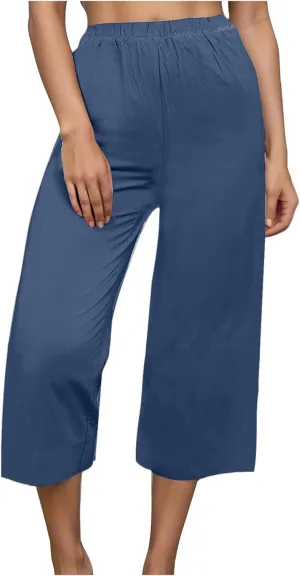 Capri Pants for Women Casual Elastic High Waist Beach Cropped Pants Loose Trousers Summer Outfits for Women