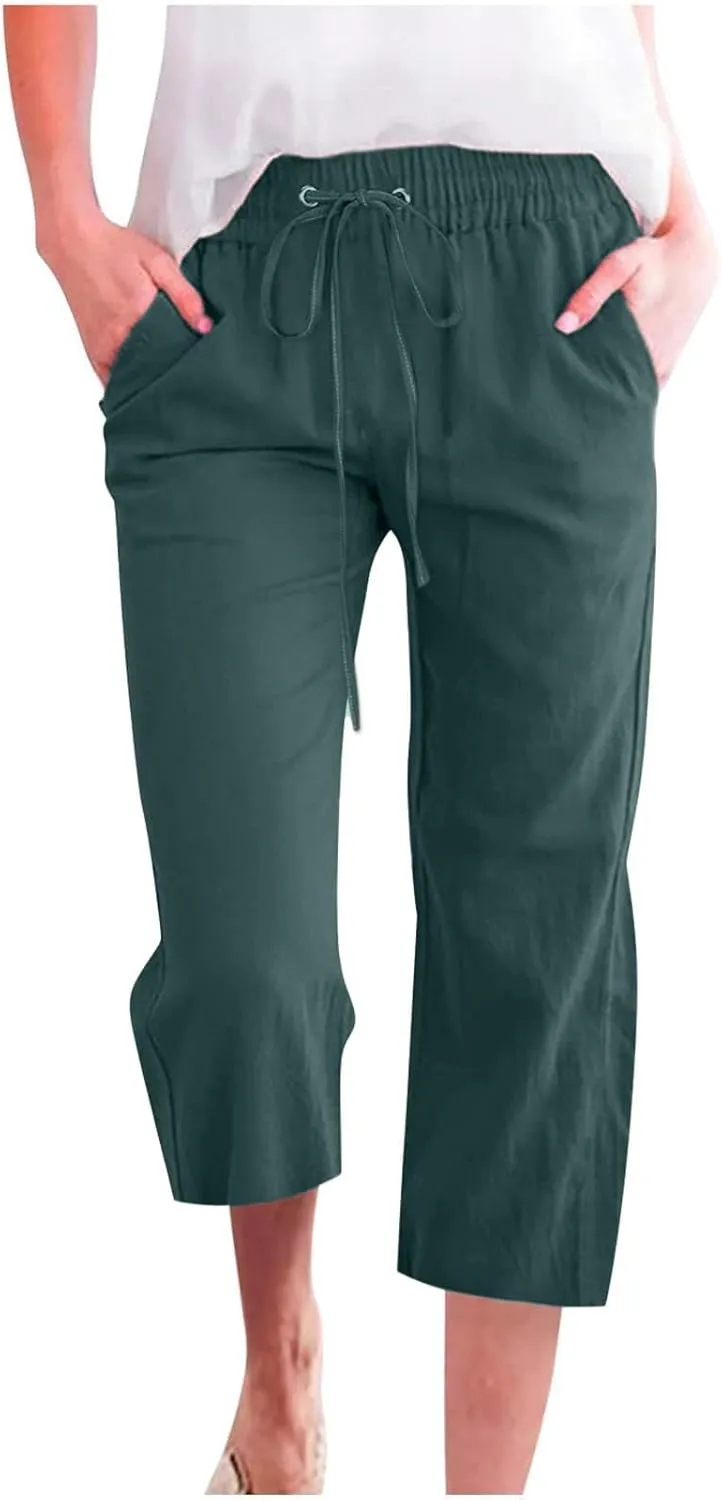 Capri Pants for Women Casual Summer Cotton Linen Pants Plus Size Drawstring Elastic High Waisted Capris with Pockets
