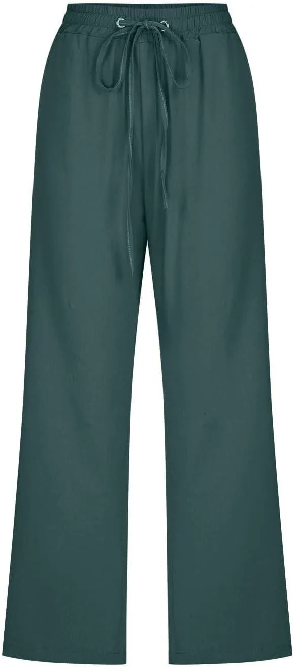 Capri Pants for Women Casual Summer Cotton Linen Pants Plus Size Drawstring Elastic High Waisted Capris with Pockets
