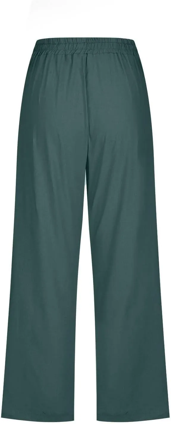 Capri Pants for Women Casual Summer Cotton Linen Pants Plus Size Drawstring Elastic High Waisted Capris with Pockets