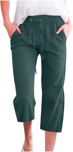 Capri Pants for Women Casual Summer Cotton Linen Pants Plus Size Drawstring Elastic High Waisted Capris with Pockets