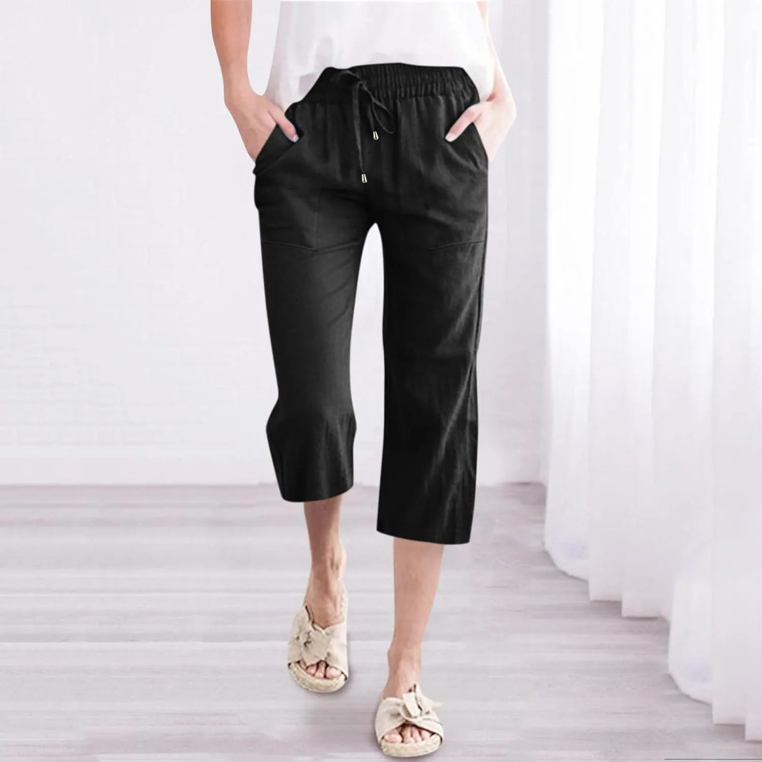 Capri Pants for Women Casual Summer Drawstring High Waist Cropped Pants Lounge Beach Straight Leg Pants