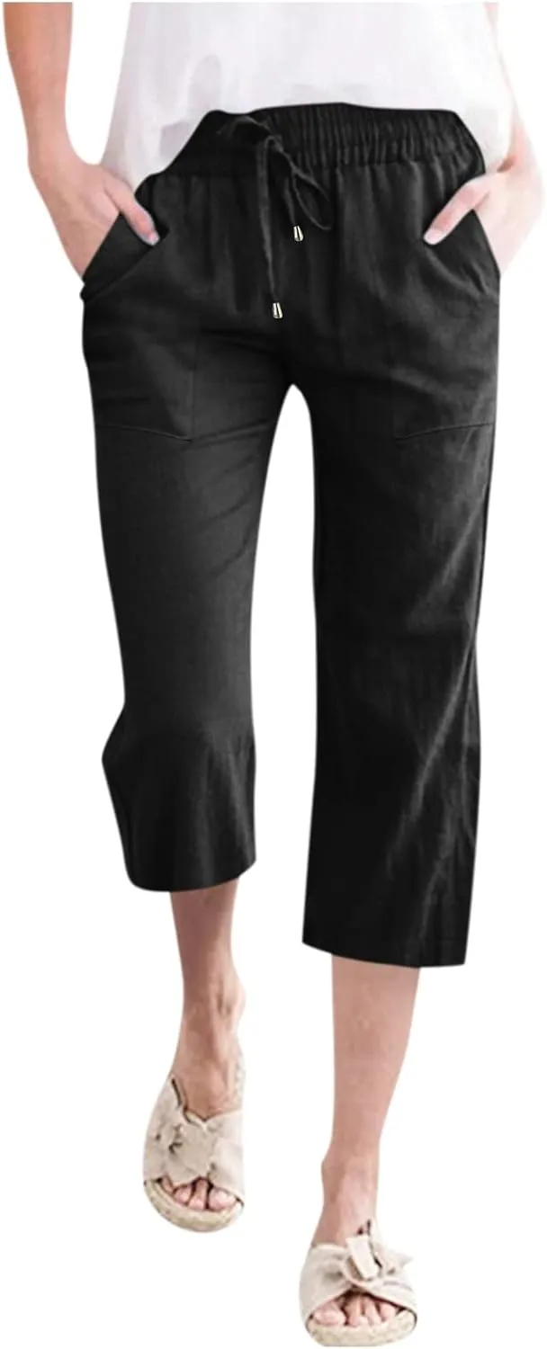 Capri Pants for Women Casual Summer Drawstring High Waist Cropped Pants Lounge Beach Straight Leg Pants