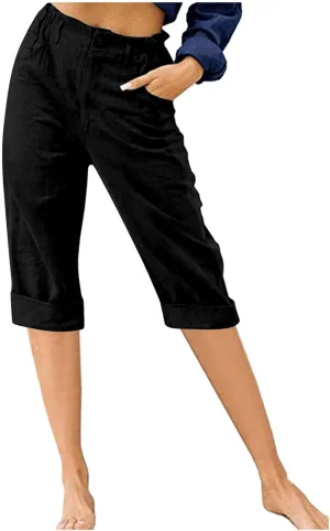 Capri Pants for Women Casual Summer Straight Elastic Waist Trousers Button Up Cotton Linen Cropped Comfy Beach Pants
